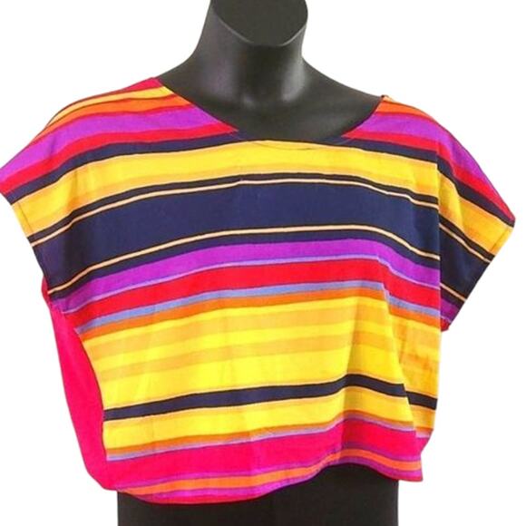 GB Women's Vibrant Stripe Print Short Sleeve Blouse – Size Large - Picture 2 of 6
